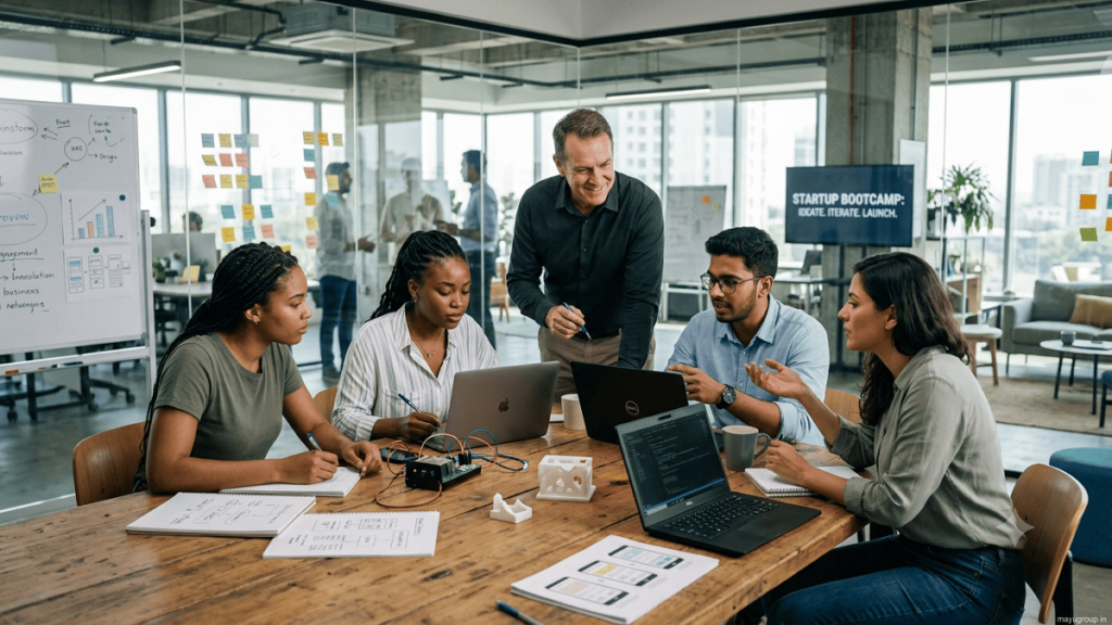 Startup Bootcamps Entrepreneurs collaborating during a startup bootcamp with expert mentorship