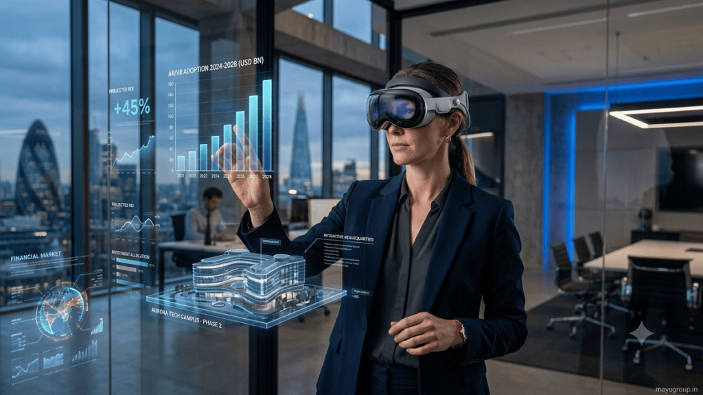 AR/VR investment and business innovation with a professional using a mixed-reality headset and digital financial visualizations.