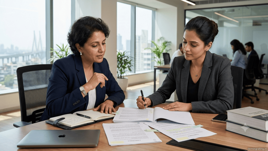 Legal Documentation Professional reviewing organized legal documents and business contracts at an office desk