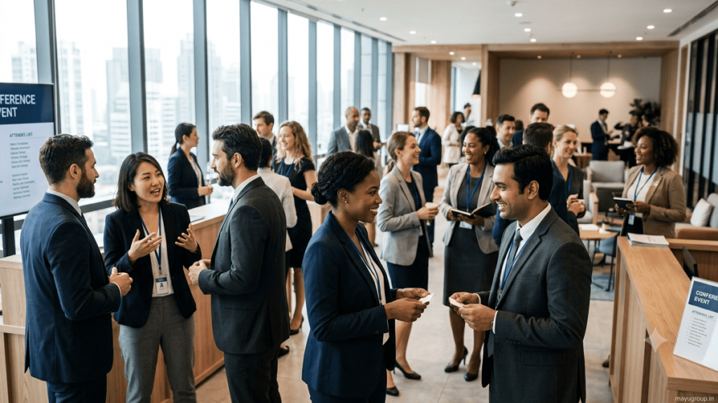Entrepreneurs and investors discussing business partnerships at a professional networking event.
