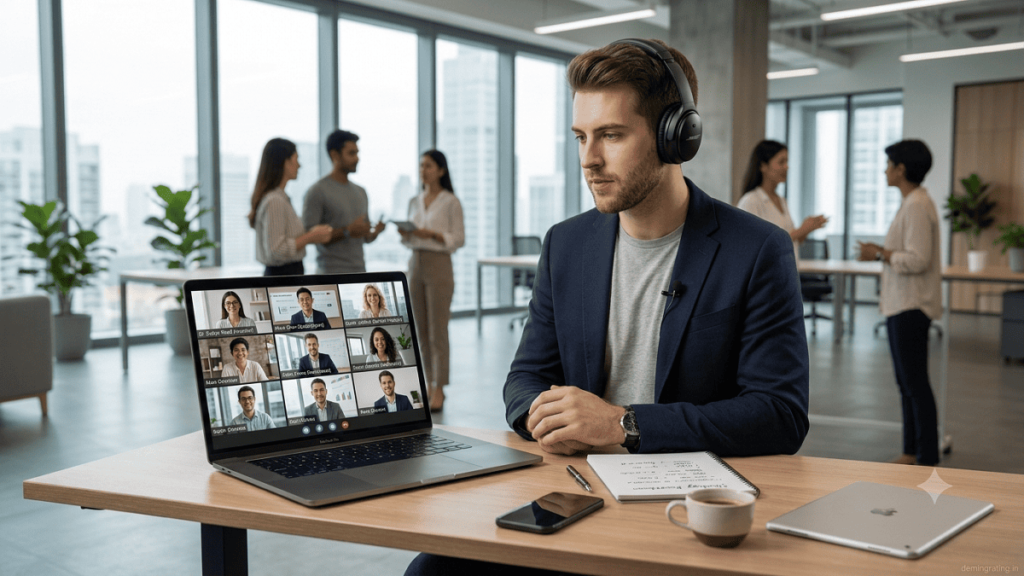 Startup Webinars Startup founder attending a professional online webinar with business experts from a modern office.