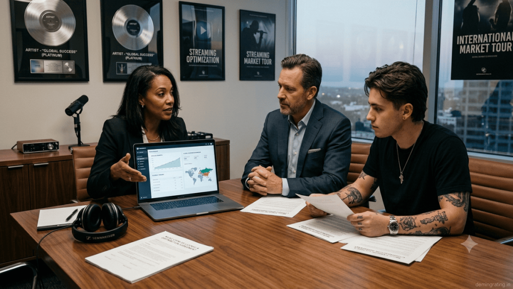 Music investor, label executive, and artist discussing music catalog investment and digital growth in a modern office.