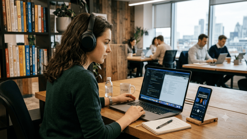 Business Podcasts Entrepreneur listening to a business podcast while working in a modern office.