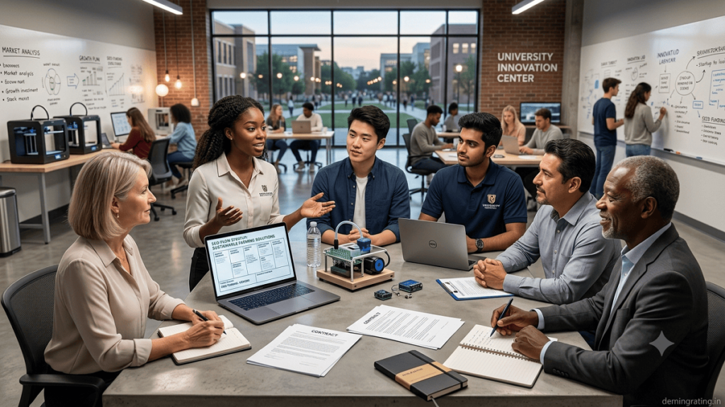 University students developing a startup prototype inside a modern innovation laboratory.