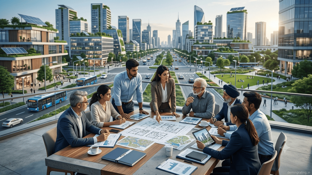Urban development professionals discussing sustainable infrastructure and investment in a future-ready city.