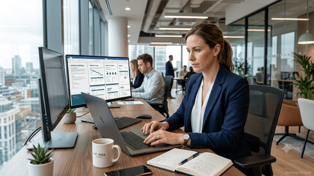 Business professional customizing digital business templates on a laptop.