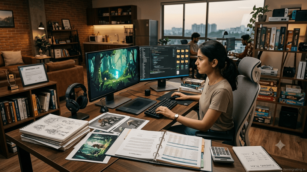 Indie game developer working on game development and funding plans in a creative studio