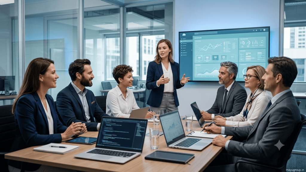 Cloud startup founders presenting technology solutions to investors during a business meeting.