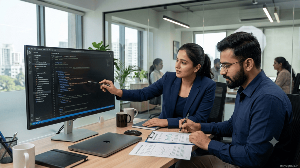 Software engineering team reviewing technical documentation and code in a modern office.