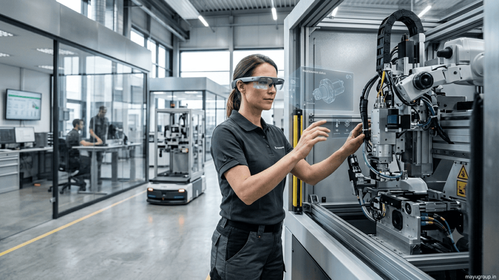 Engineer wearing AR smart glasses to inspect industrial machinery in a modern manufacturing facility.