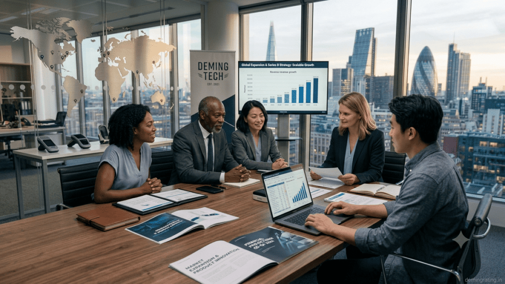 Startup founders and venture capital investors discussing Series B funding during a business meeting.