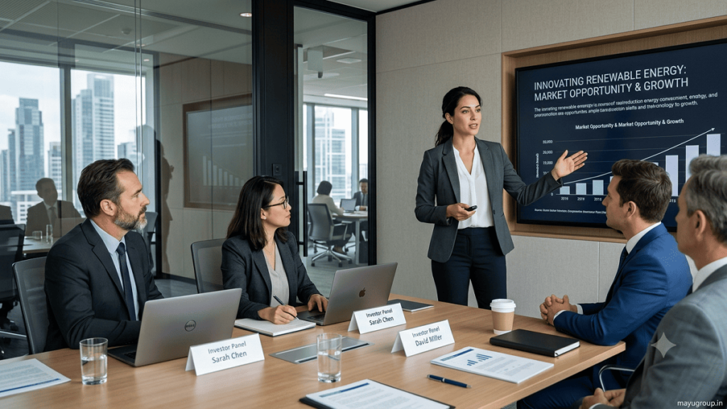 Pitch Training Startup founder presenting a business pitch to investors in a modern boardroom.