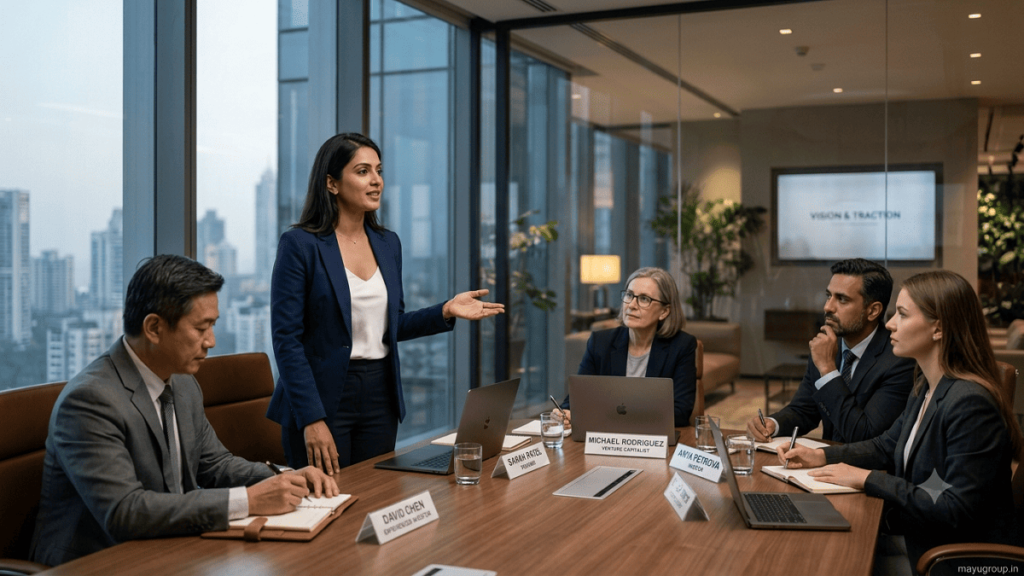 Startup founder presenting a business idea to investors during a mentorship session