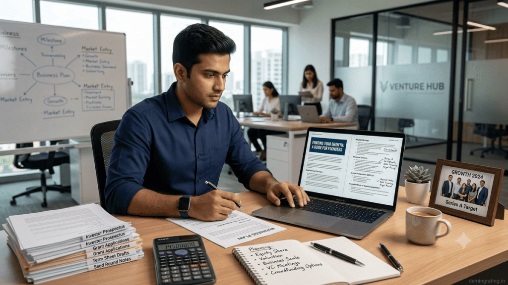 Indian startup founder reviewing a funding ebook and business financing documents