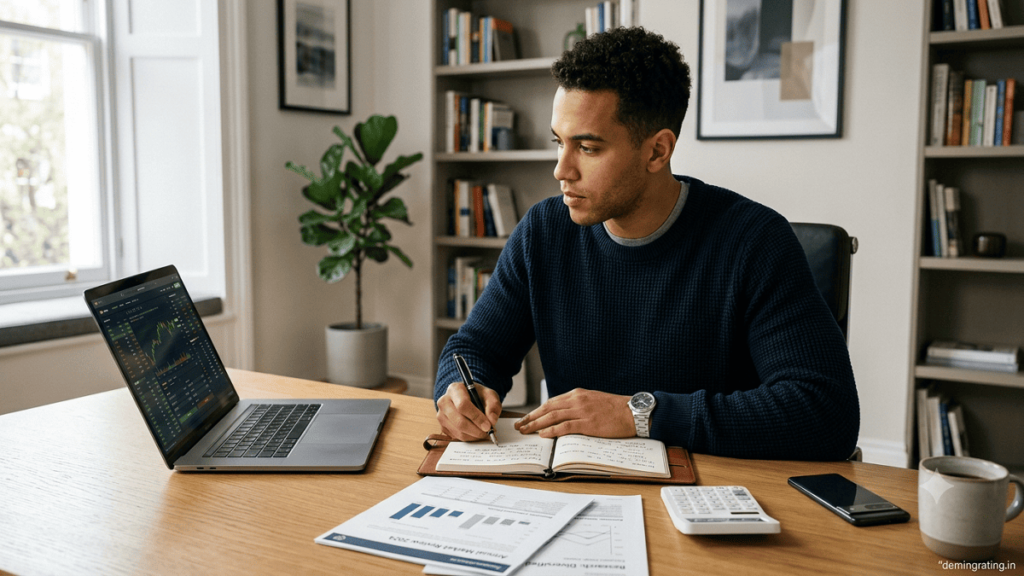 Beginner investor reviewing financial charts and investment documents at a modern desk