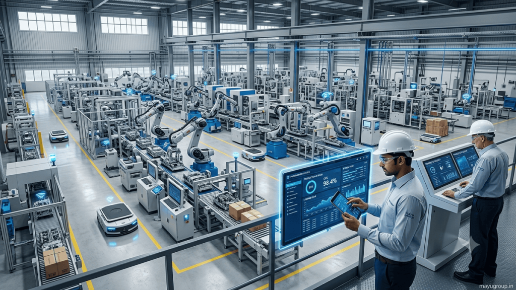 Autonomous warehouse robots and automated conveyor systems improving logistics and business operations.