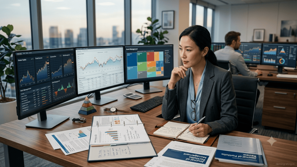 Investor Tips Professional investor analyzing portfolio charts and financial reports on computer screens
