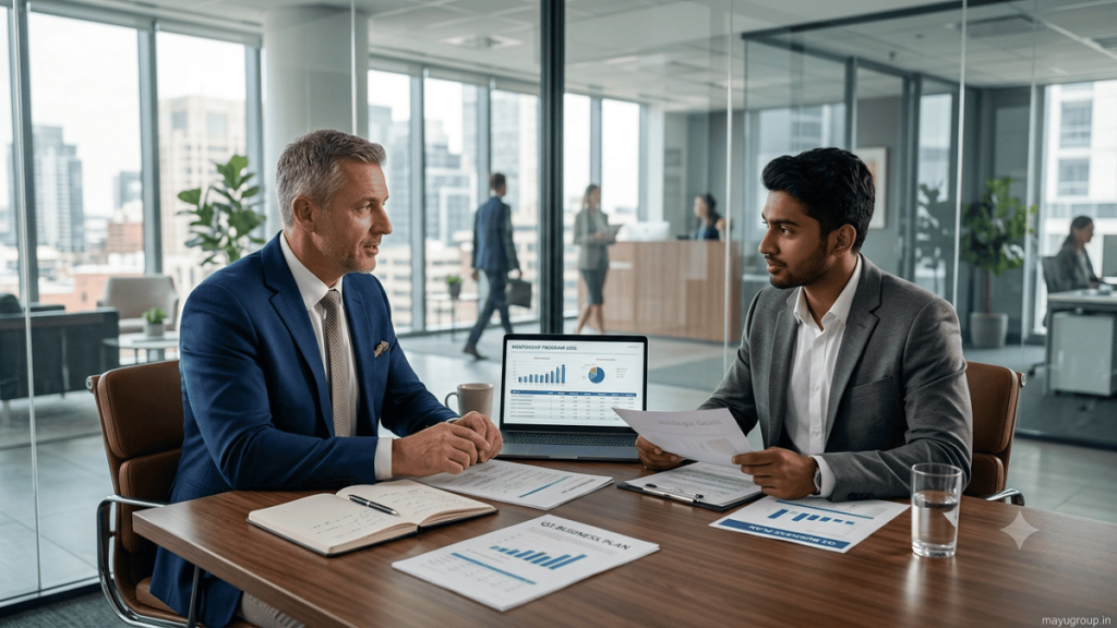 Senior business leader mentoring young professionals to develop leadership and workplace skills.