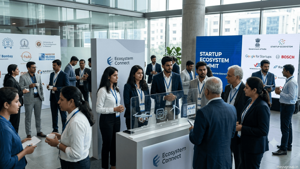 Startup ecosystem technologies transforming healthcare, agriculture, manufacturing, finance, and renewable energy.