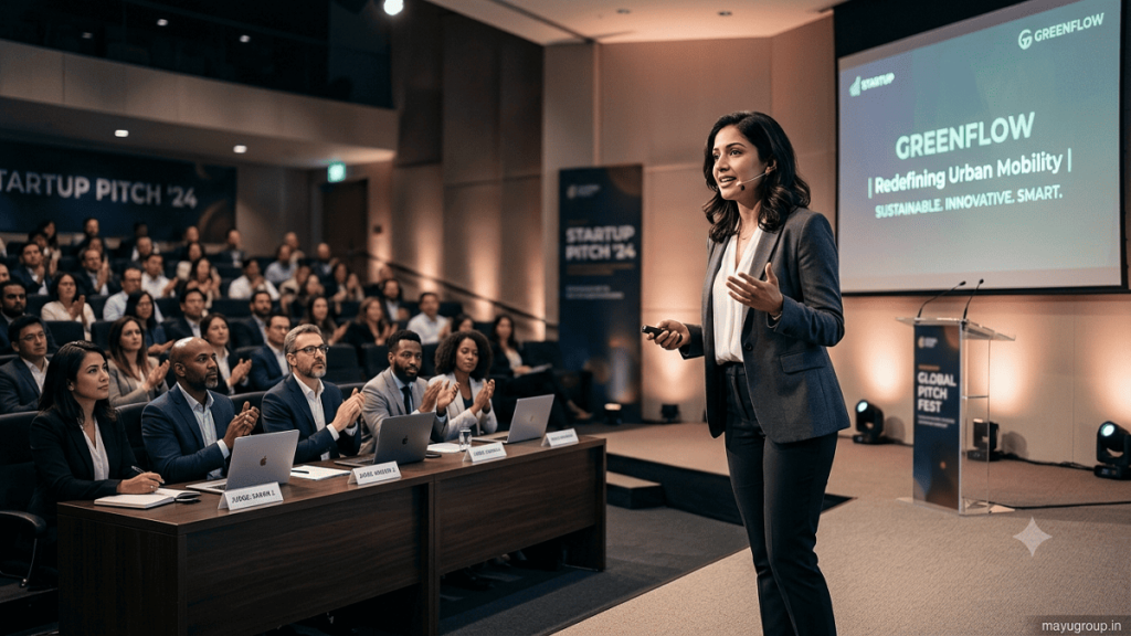 Entrepreneurs presenting business concepts to investors during a professional startup pitch event.