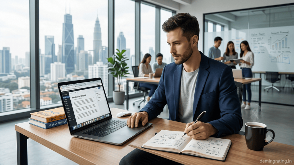 Startup founder planning business growth while working on blog content Title: Startup Founder and Business Growth Strategy
