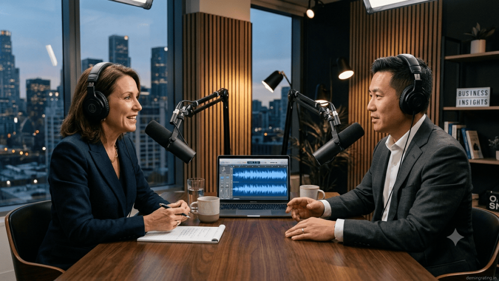 Business professionals recording a podcast in a modern studio with microphones and headphones.