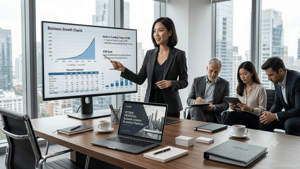 Startup founder presenting a funding proposal to investors during a business meeting