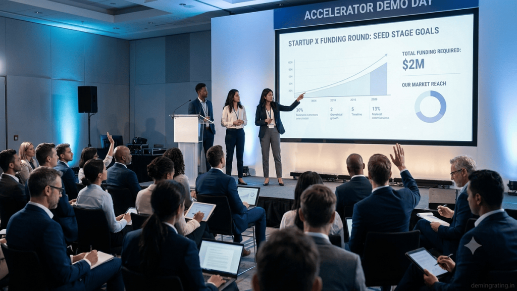 Startup founders presenting their businesses to investors at an accelerator demo day