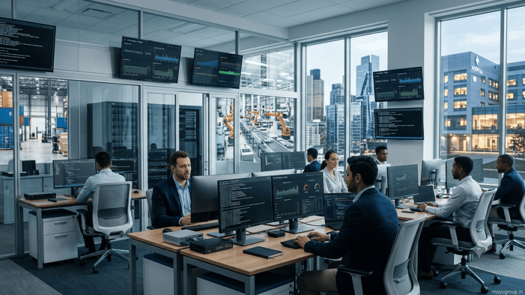 DevOps startup founders, engineers, and investors discussing cloud technology and software automation in a modern office.
