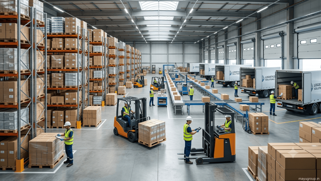 Modern warehouse with organized inventory, forklifts, and logistics operations illustrating supply chain optimization services.
