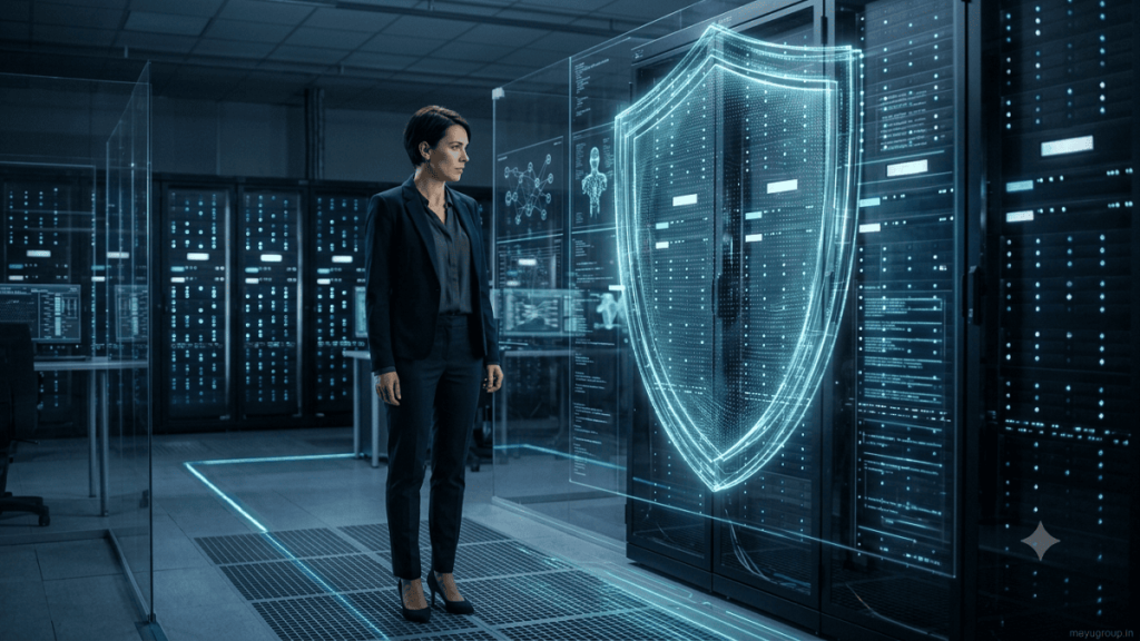 Future cybersecurity investment featuring AI security technology and protected data center infrastructure.