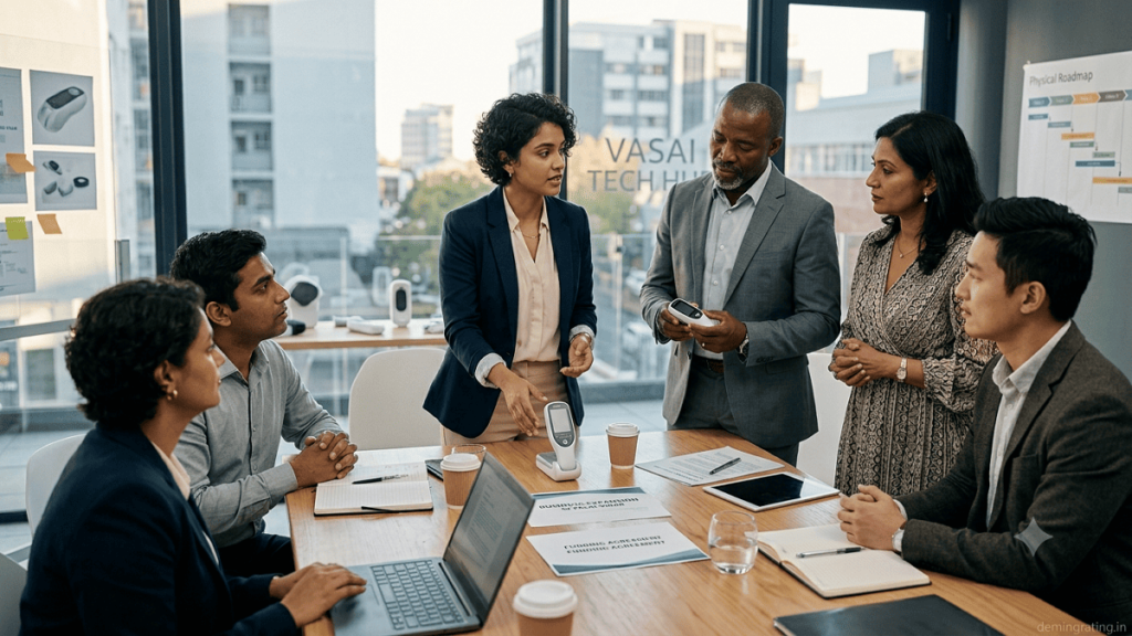 Entrepreneur presenting a startup product to potential investors