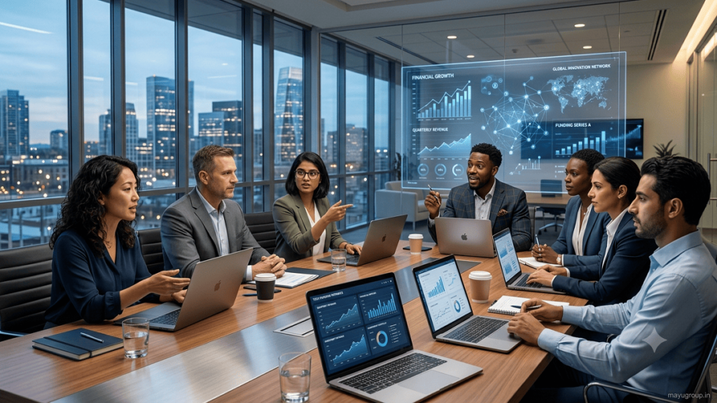 Business executives reviewing technology investment opportunities and digital transformation analytics in a modern office.