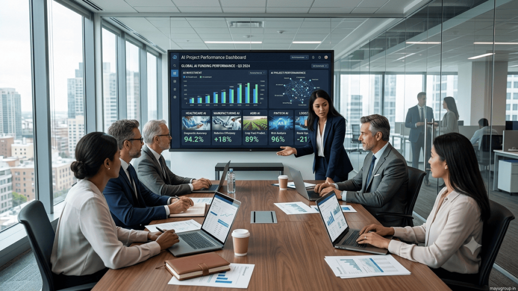 Engineer monitoring AI-powered industrial robots while a business executive reviews artificial intelligence investment data.
