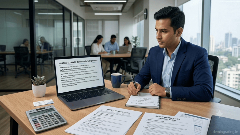 Indian entrepreneur studying funding terms and financial concepts on a laptop