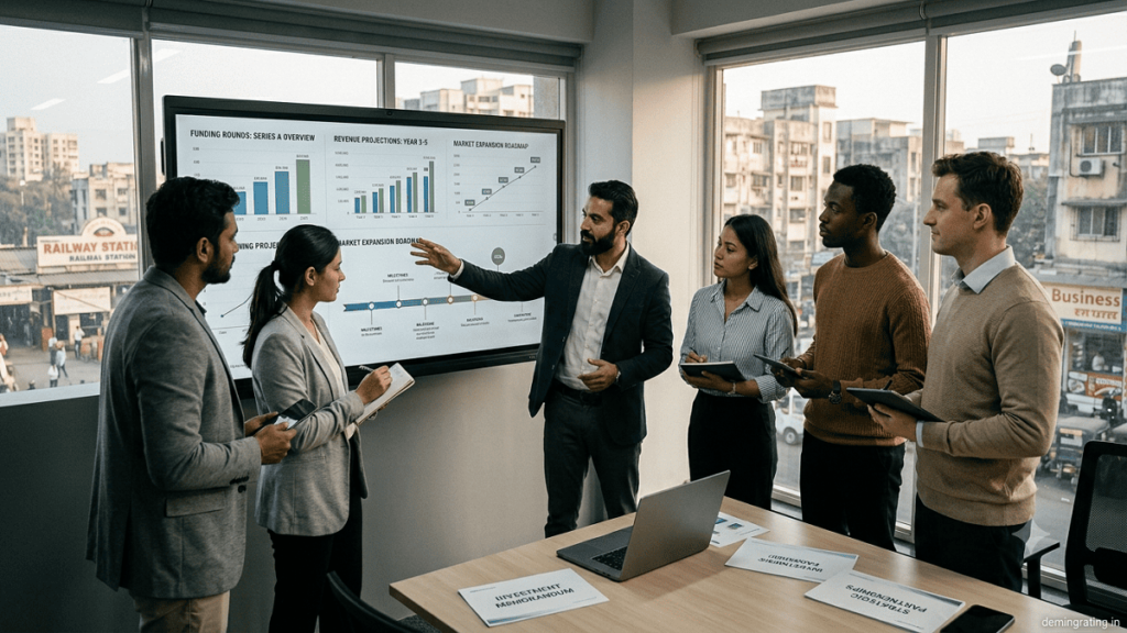 Startup team reviewing funding plans and business growth strategy