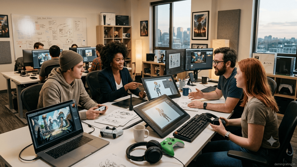 Indie game development team collaborating on a funded game project