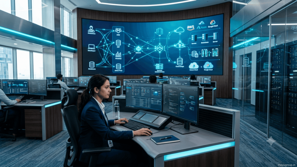 Connected business technology ecosystem illustrating system integration across enterprise departments and cloud services.