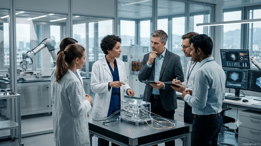 DeepTech startup founder and investor evaluating advanced technology in a research laboratory.