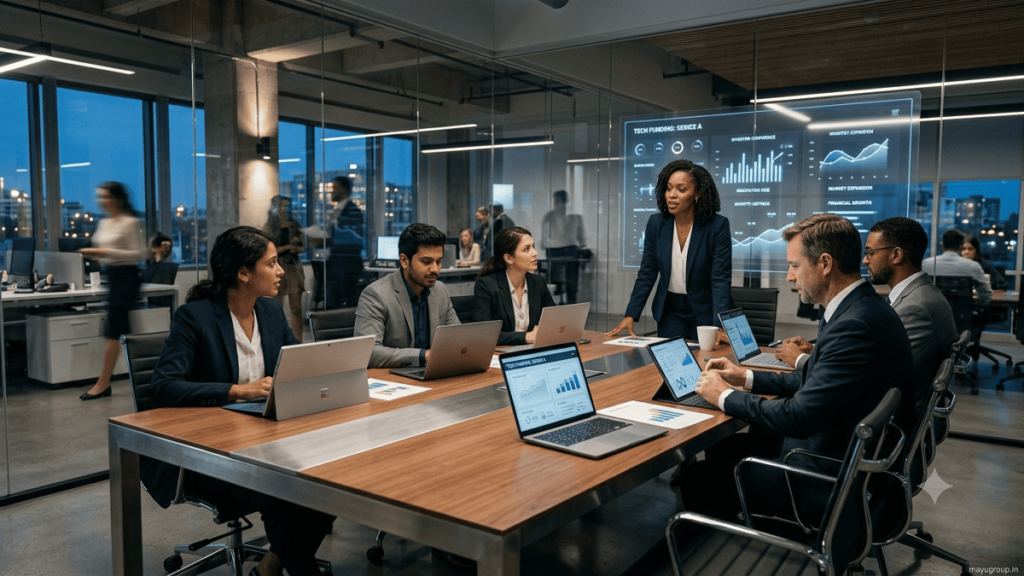 Business executives reviewing technology investment opportunities and digital transformation analytics in a modern office.
