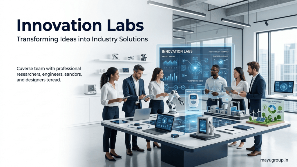 Innovation lab concept showcasing creativity, collaboration, emerging technologies, and business innovation.