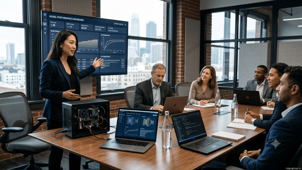 Machine learning engineer developing an AI-powered predictive analytics system in a modern technology laboratory.