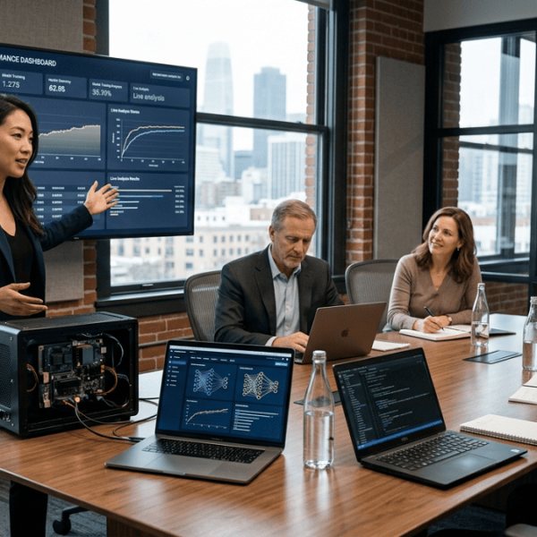 Machine learning engineer developing an AI-powered predictive analytics system in a modern technology laboratory.