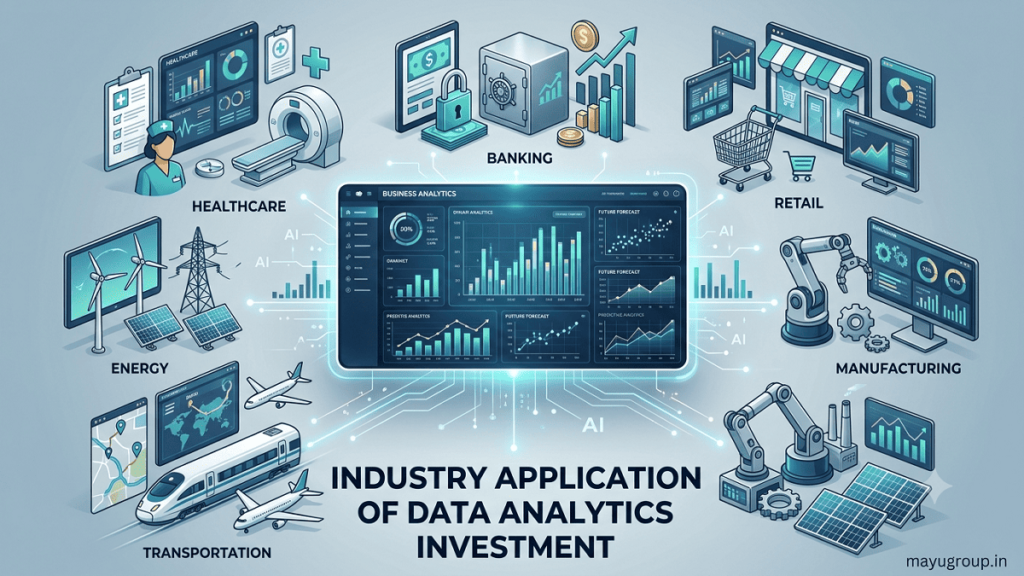 Business professional analyzing data dashboards to support investment decisions and industry transformation.