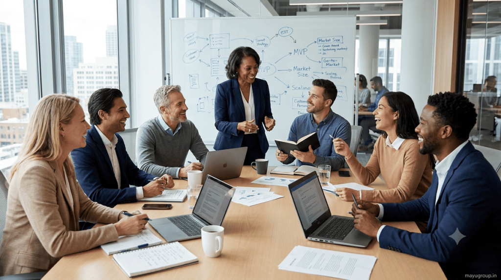 Professional startup workshop where entrepreneurs collaborate, develop business ideas, and learn from an experienced mentor.