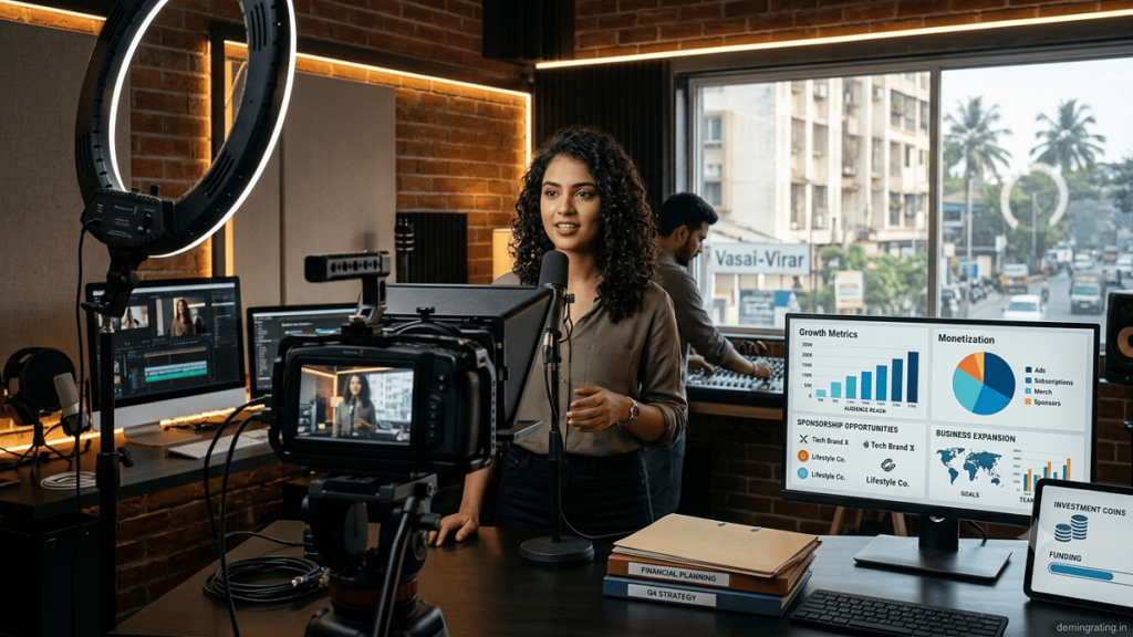 Digital creator producing professional content while viewing audience growth, monetization, sponsorship, and business expansion opportunities.
