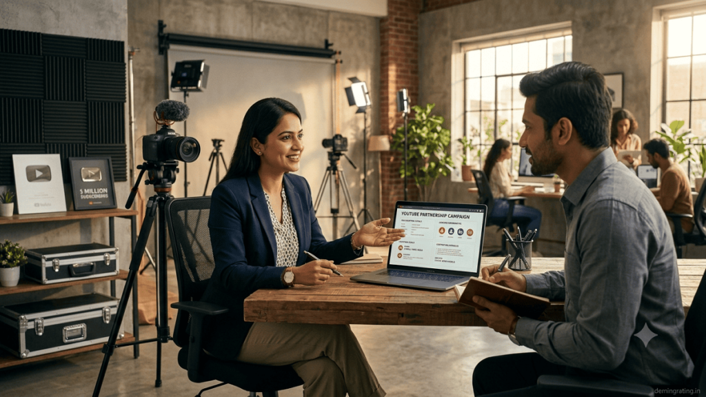 Content creator reviewing a brand partnership in a modern workspace with professional video production equipment.