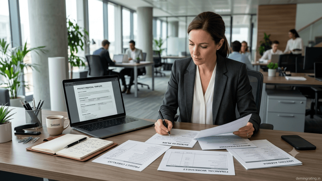 Business professional reviewing business templates and documents at a modern office desk.