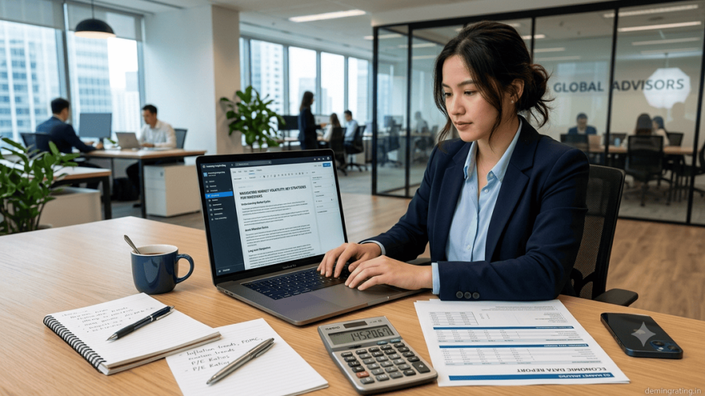 Financial professional researching and writing a finance blog article in a modern office.
