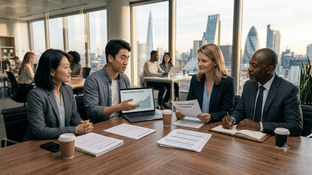 Startup team collaborating on product development and business growth after receiving seed funding